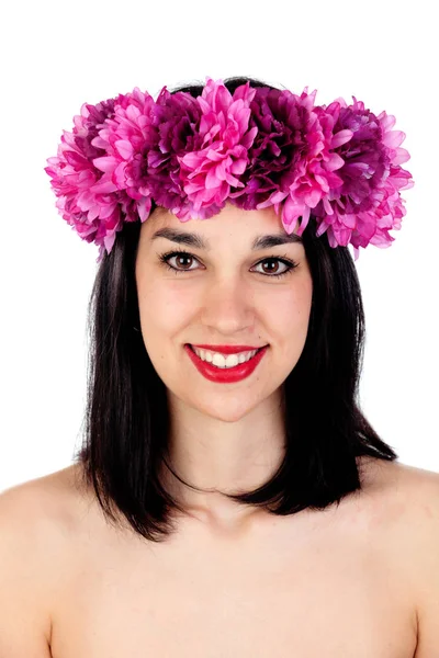 Meisje met paarse bloemen krans — Stockfoto
