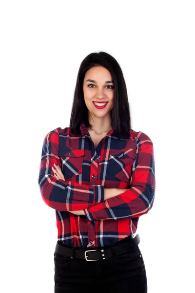 Brunette girl with red plaid shirt — Stock Photo, Image