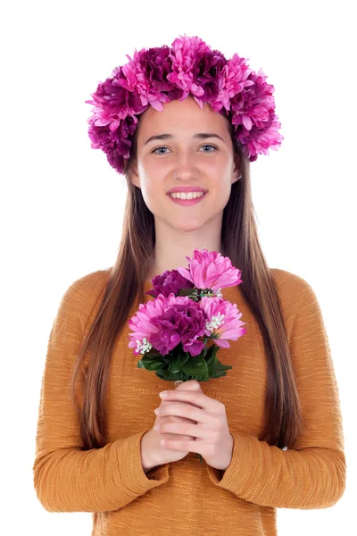 Adolescente chica con púrpura floral corona — Foto de Stock