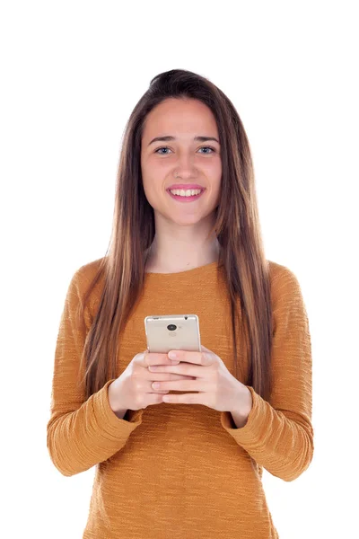Menina adolescente segurando smartphone Imagens De Bancos De Imagens