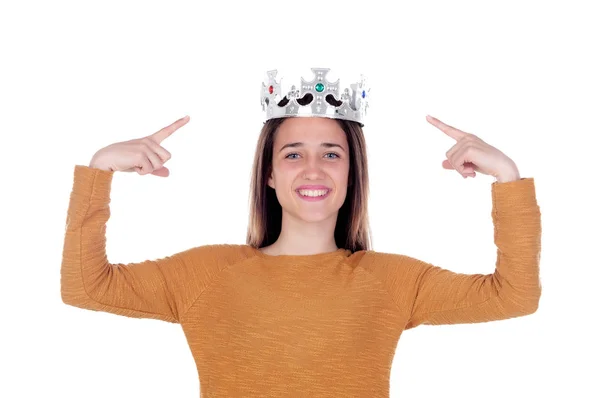 Усміхнена дівчина-підліток зі срібною короною — стокове фото
