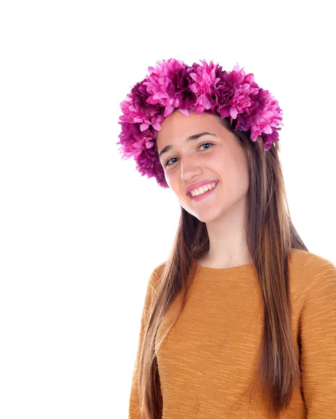 Adolescente com grinalda floral roxa — Fotografia de Stock