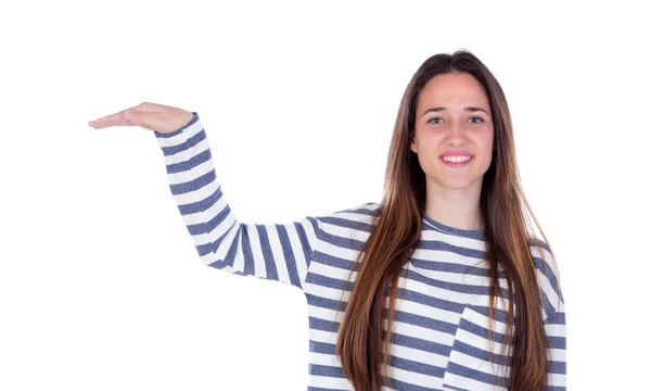 Sorrindo adolescente menina mostrando algo — Fotografia de Stock