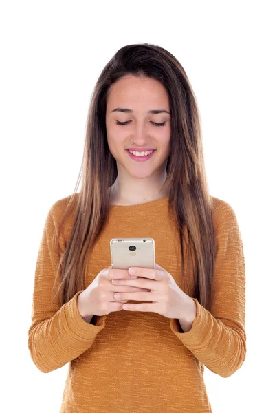 Девочка-подросток держит смартфон — стоковое фото