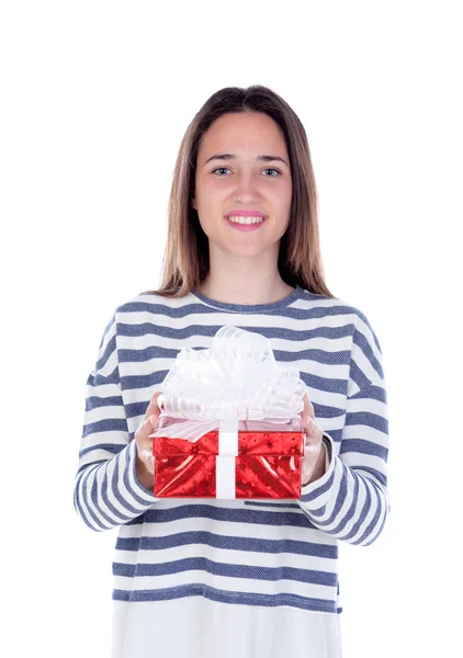 Hübsches Teenager-Mädchen mit rotem Geschenk — Stockfoto