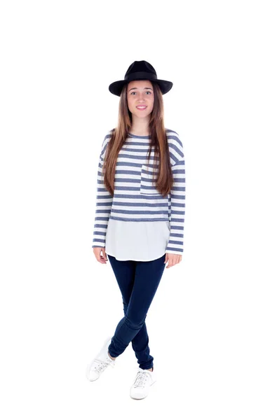 Ładny nastolatek dziewczyna w czarnym kapeluszu — Zdjęcie stockowe
