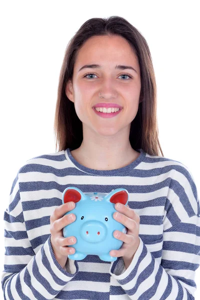 Menina adolescente com banco porquinho azul — Fotografia de Stock