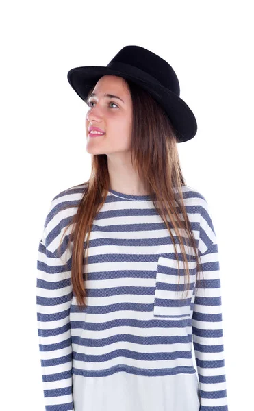 Söt tonåring tjej med svart hatt — Stockfoto