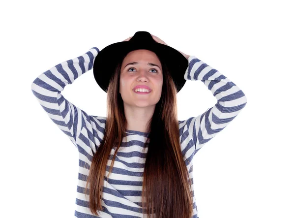 Pretty teenager girl with black hat — Stock Photo, Image