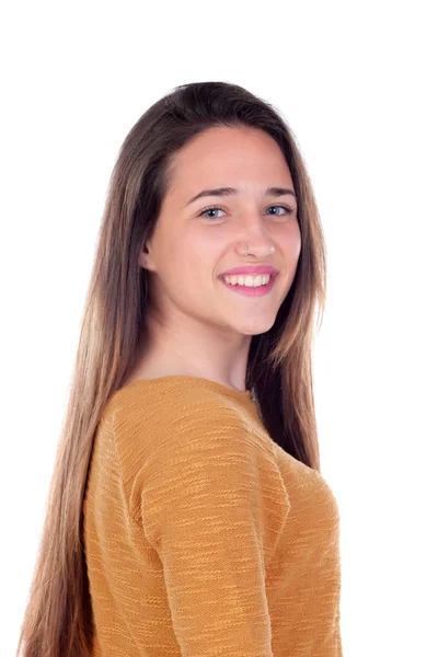 Teenager beautiful girl in yellow jersey — Stock Photo, Image