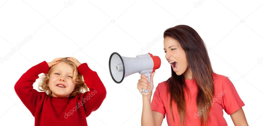 Crazy woman shouting by megaphone to boy