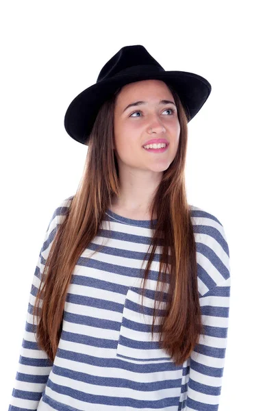 Ładny nastolatek dziewczyna w czarnym kapeluszu — Zdjęcie stockowe