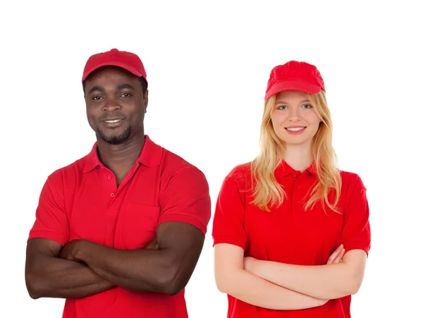 Medarbetare med sina röda uniform — Stockfoto