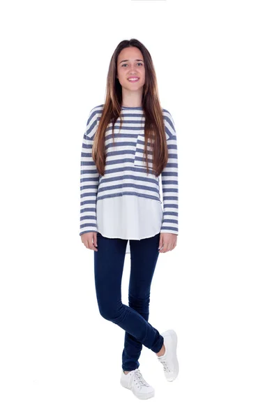 Full portrait teenager girl with striped shirt — Stock Photo, Image