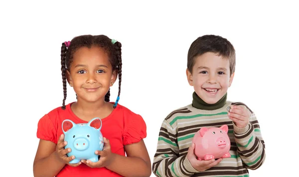 Happy kids holding piggy banks — Stock Photo, Image