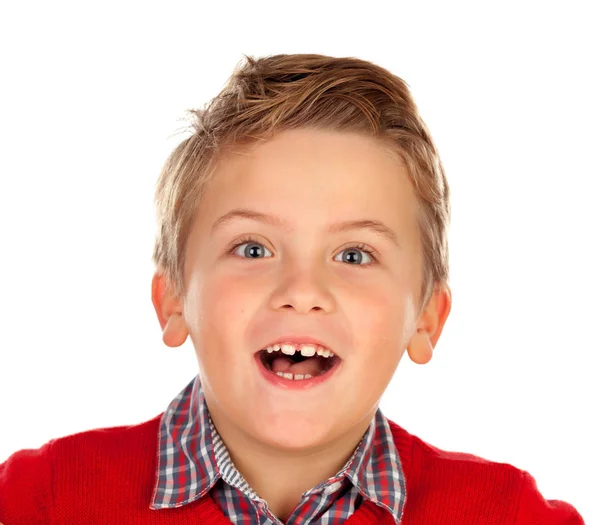 Kırmızı forma ile sarışın çocuk — Stok fotoğraf