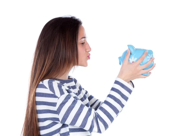 Tiener meisje met blauwe piggy bank — Stockfoto