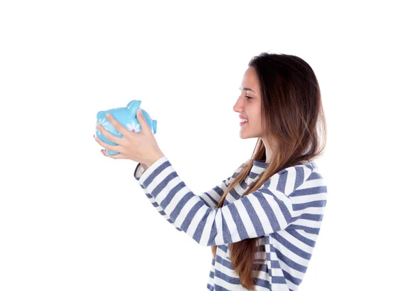 Tiener meisje met blauwe piggy bank — Stockfoto