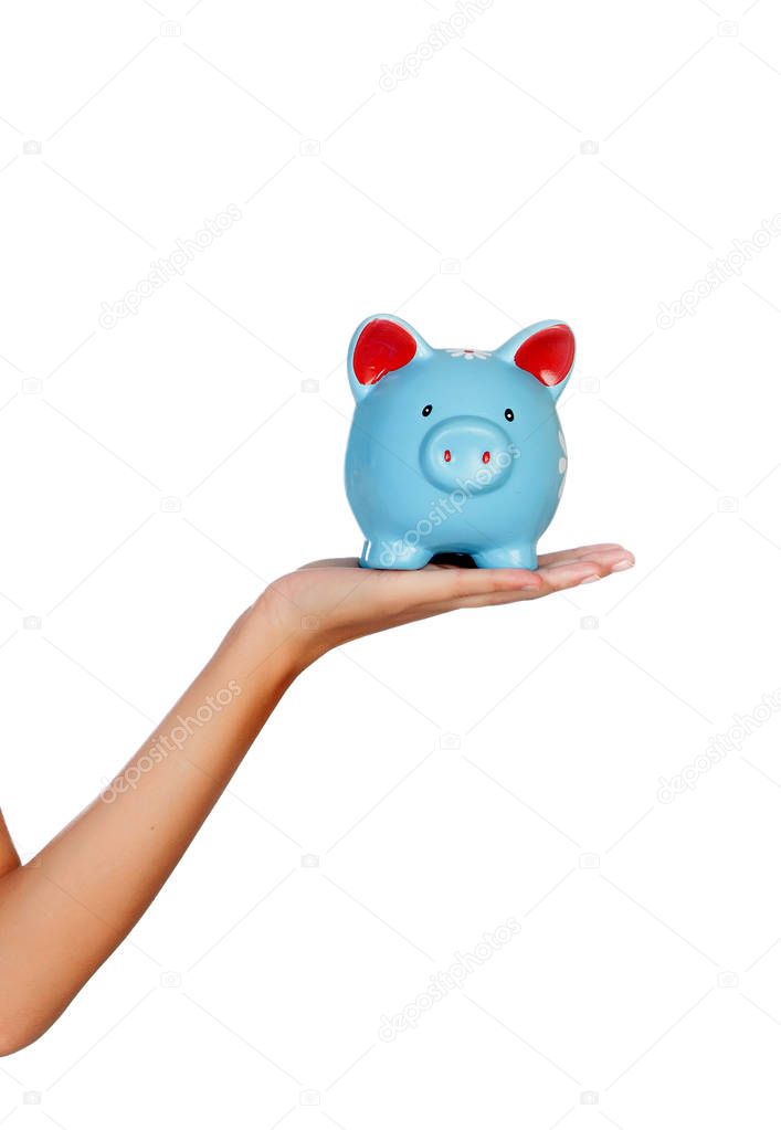 hand holding blue piggy bank