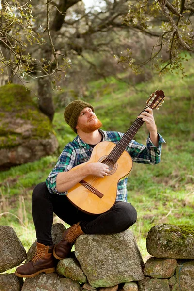 Handsome man with guitar in nature — Stock Photo, Image