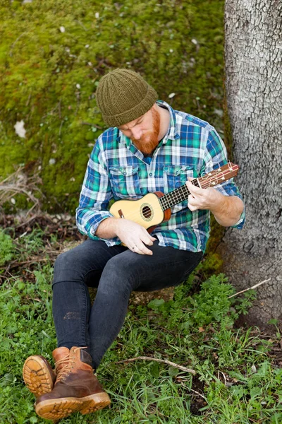 Homem com barba vermelha jogando ukulele — Fotografia de Stock