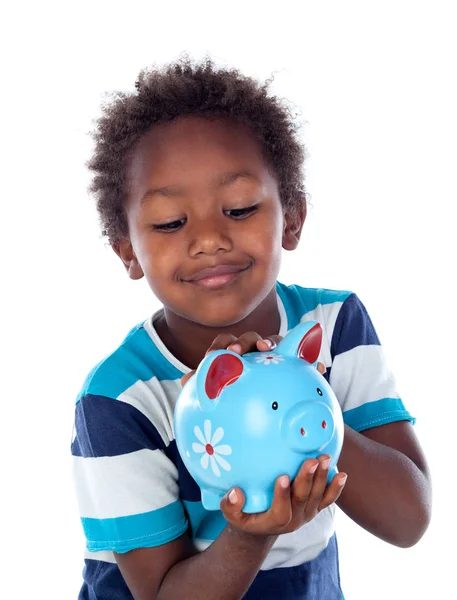 Criança afroamericana com caixa de dinheiro azul — Fotografia de Stock