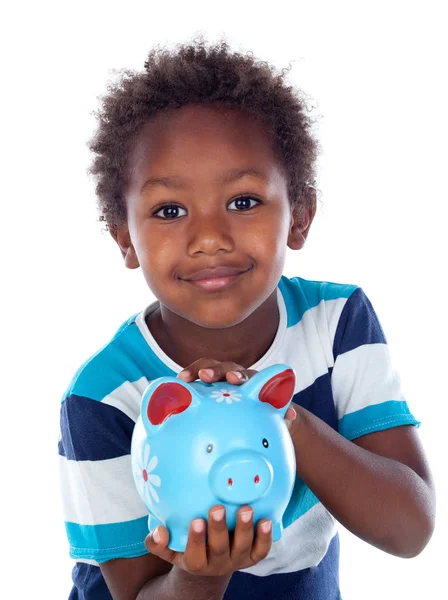 Афроамериканский ребенок с голубой копилкой — стоковое фото