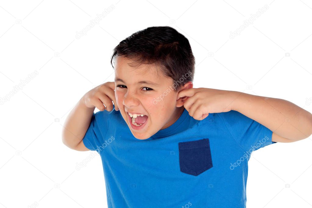 Stressed child covering his ears