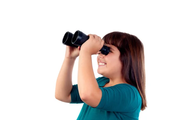 Roztomilá brunetka s dalekohledem — Stock fotografie