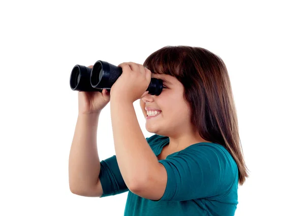 Menina morena bonito com binóculos — Fotografia de Stock