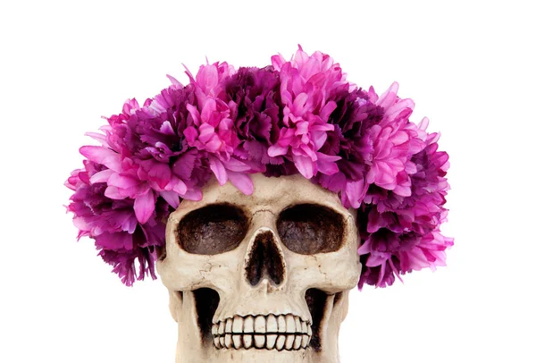 Pembe çiçek çelenk ile insan kafatası — Stok fotoğraf