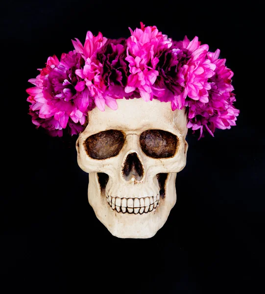 Calavera humana con corona de flores rosadas — Foto de Stock