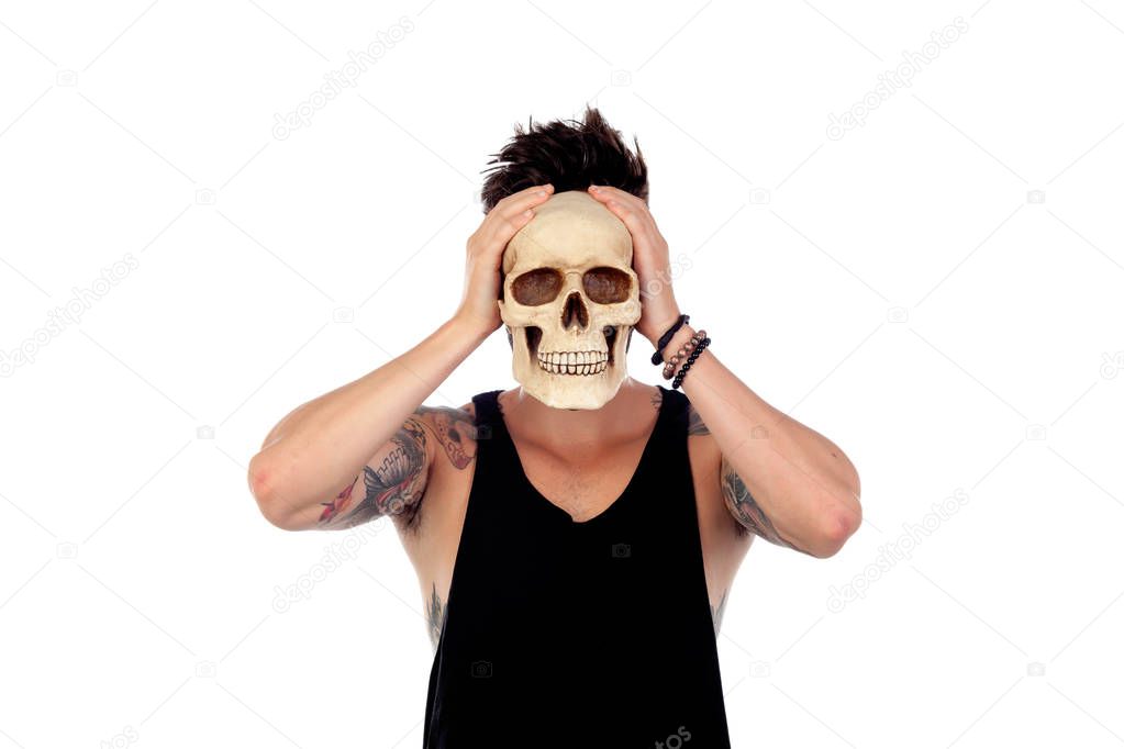 handsome man with human skull