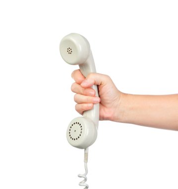 Erkek el beyaz vintage telefon yakışıklı beyaz arka plan üzerinde izole tutarak