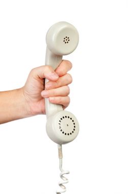 Erkek el beyaz vintage telefon yakışıklı beyaz arka plan üzerinde izole tutarak
