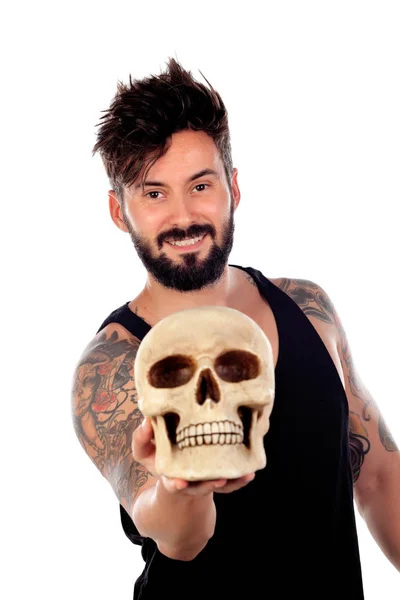 Hombre Barbudo Guapo Con Tatuajes Cuerpo Sosteniendo Cráneo Humano Sobre — Foto de Stock