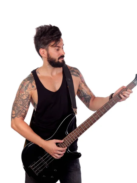 Handsome Bearded Man Tattoos His Body Playing Electric Bass Guitar — Stock Photo, Image