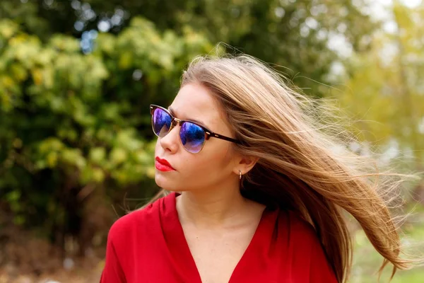 Ξανθιά Νεαρή Γυναίκα Γυαλιά Ηλίου Που Ποζάρουν Στο Πάρκο — Φωτογραφία Αρχείου