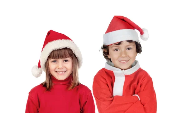 Happy Cute Children Santa Hats Red Clothes Isolated White Background — Stock Photo, Image