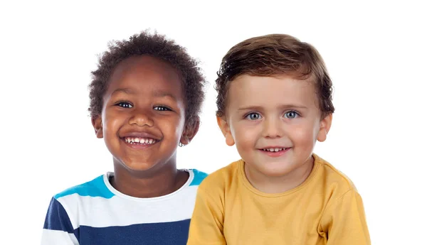 Retrato Dois Meninos Bonitos Isolados Fundo Branco — Fotografia de Stock