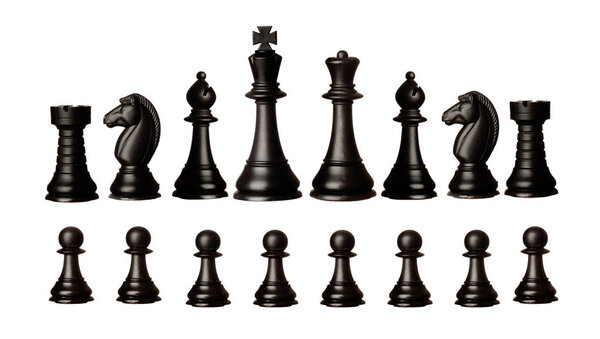 набор черных шахматных фигур на белом фоне
