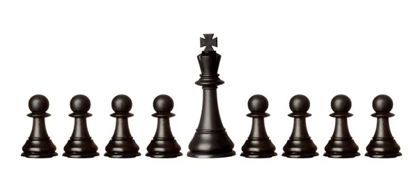 Row Many Black Chess Pawns One King Piece Isolated White — Stock Photo, Image