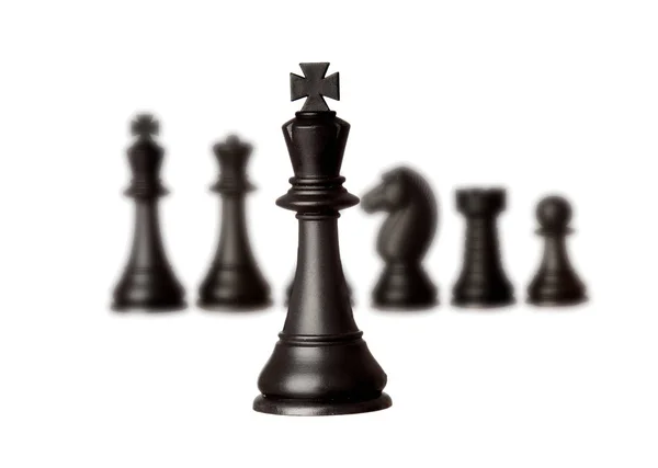 Zwarte Schaakstukken Met Koning Close Geïsoleerd Witte Achtergrond — Stockfoto