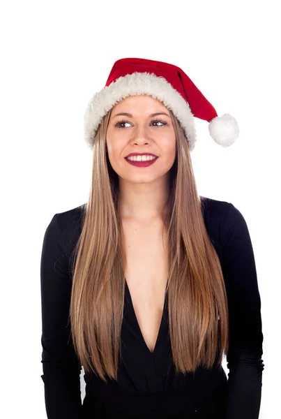 크리스마스 모자와 젊은 여자 — 스톡 사진