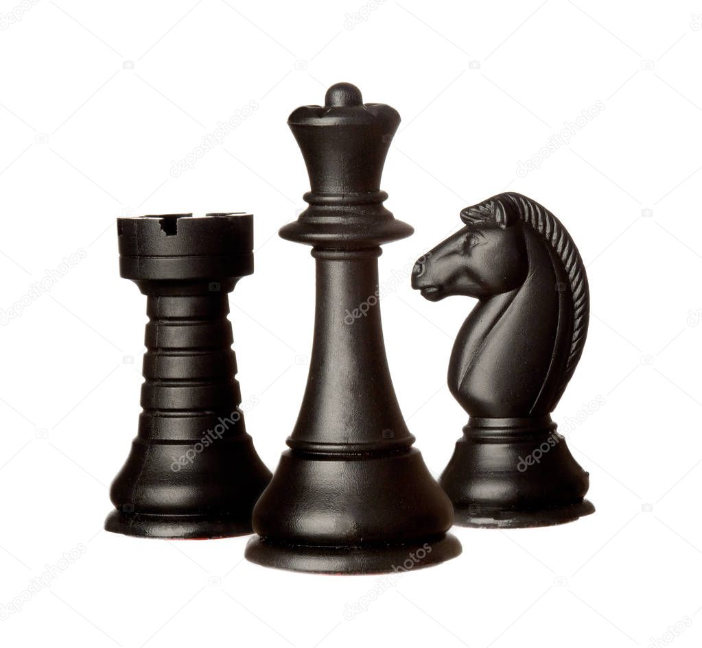 three black chess pieces isolated on white background, business and strategy concept