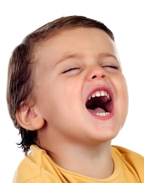 两岁的可爱的小男孩与开放的嘴巴隔离在白色背景 — 图库照片