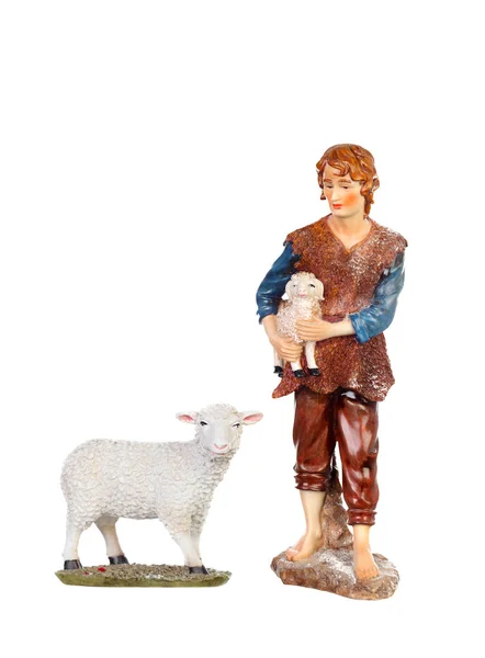 Figurine Shepherd Lambs Nativity Portal Isolated White Background — Stock Photo, Image