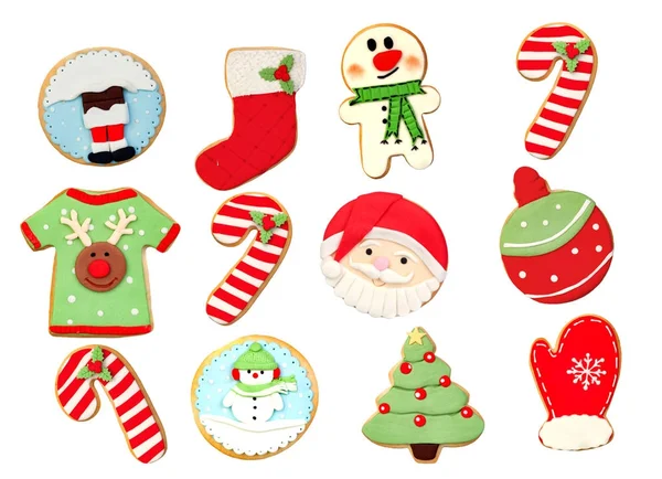 set of red funny cookies for Christmas isolated on white background