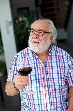 evde şarap kırmızı içme beyaz sakallı üst düzey adam portresi 