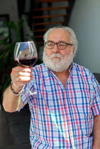 evde şarap kırmızı içme beyaz sakallı üst düzey adam portresi 